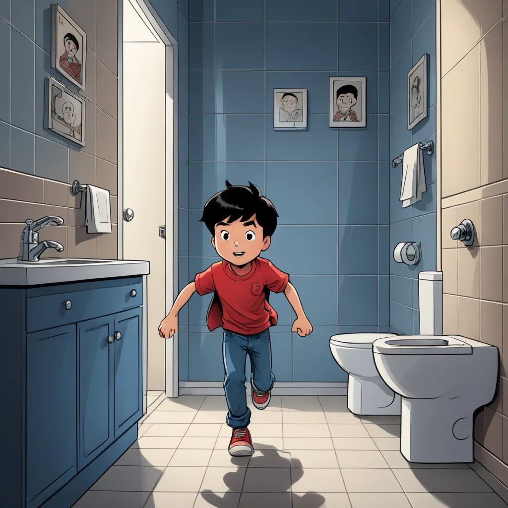 a boy running in a bathroom with a toilet and sink in the background and a blue tiled wall with pictures on it, photorealism, a storybook illustration, Diego Gisbert Llorens, comic cover art