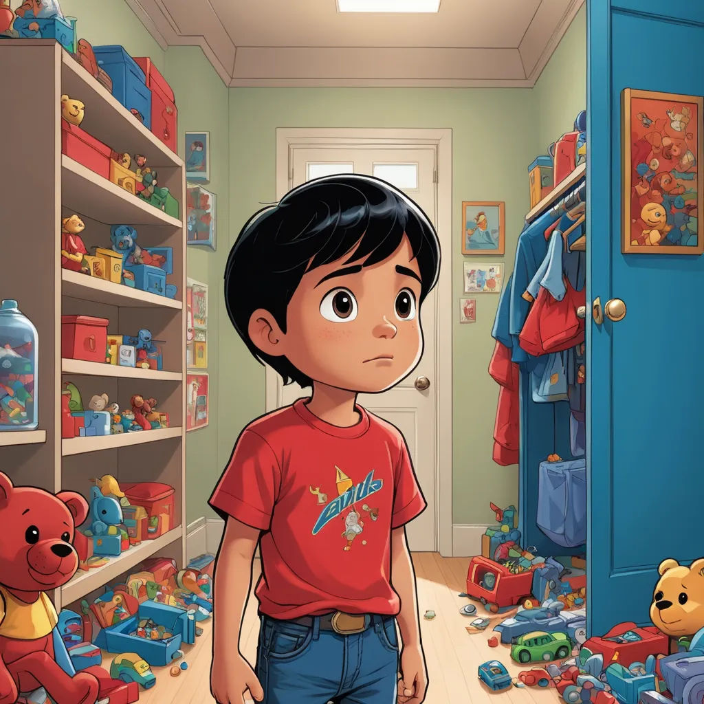 a boy standing in a room filled with toys and stuffed animals on the floor and a teddy bear on the floor, photorealism, a storybook illustration, Chris LaBrooy, pixar and disney animation