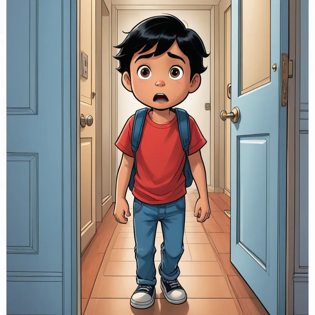 a cartoon boy standing in a hallway with a blue door and a red shirt on his shirt and a backpack on his shoulder, process art, a comic book panel, Aaron Jasinski, comic cover art