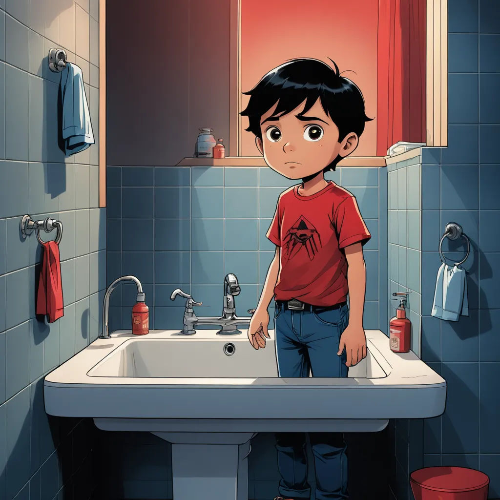 a boy standing in front of a sink in a bathroom with blue tiles on the walls and a red bucket, photorealism, a comic book panel, Diego Gisbert Llorens, comic cover art
