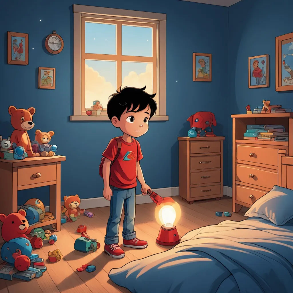 a boy standing in a bedroom with a lamp in his hand and a teddy bear on the floor next to him, photorealism, a storybook illustration, Diego Gisbert Llorens, rossdraws global illumination
