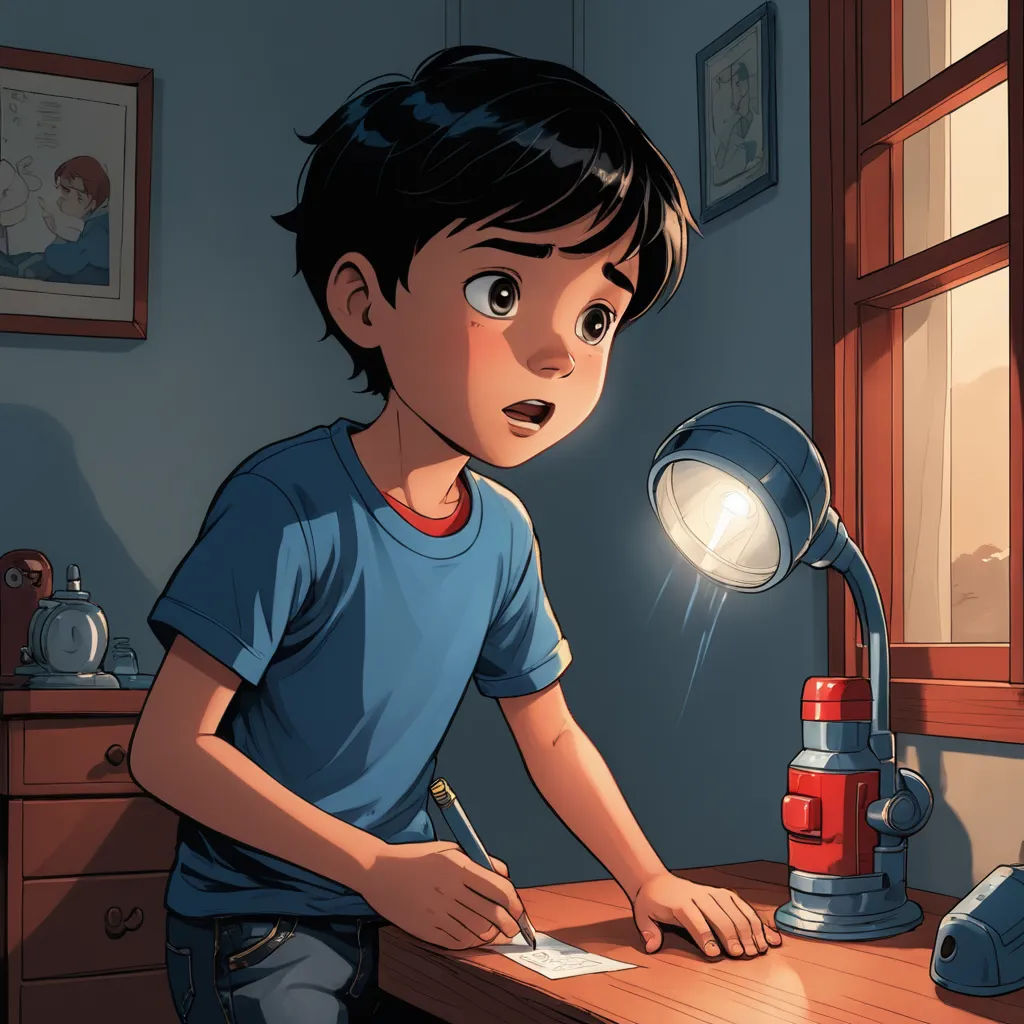 a boy writing on a piece of paper in front of a lamp and a window with a picture on it, sots art, a storybook illustration, Diego Gisbert Llorens, rossdraws global illumination