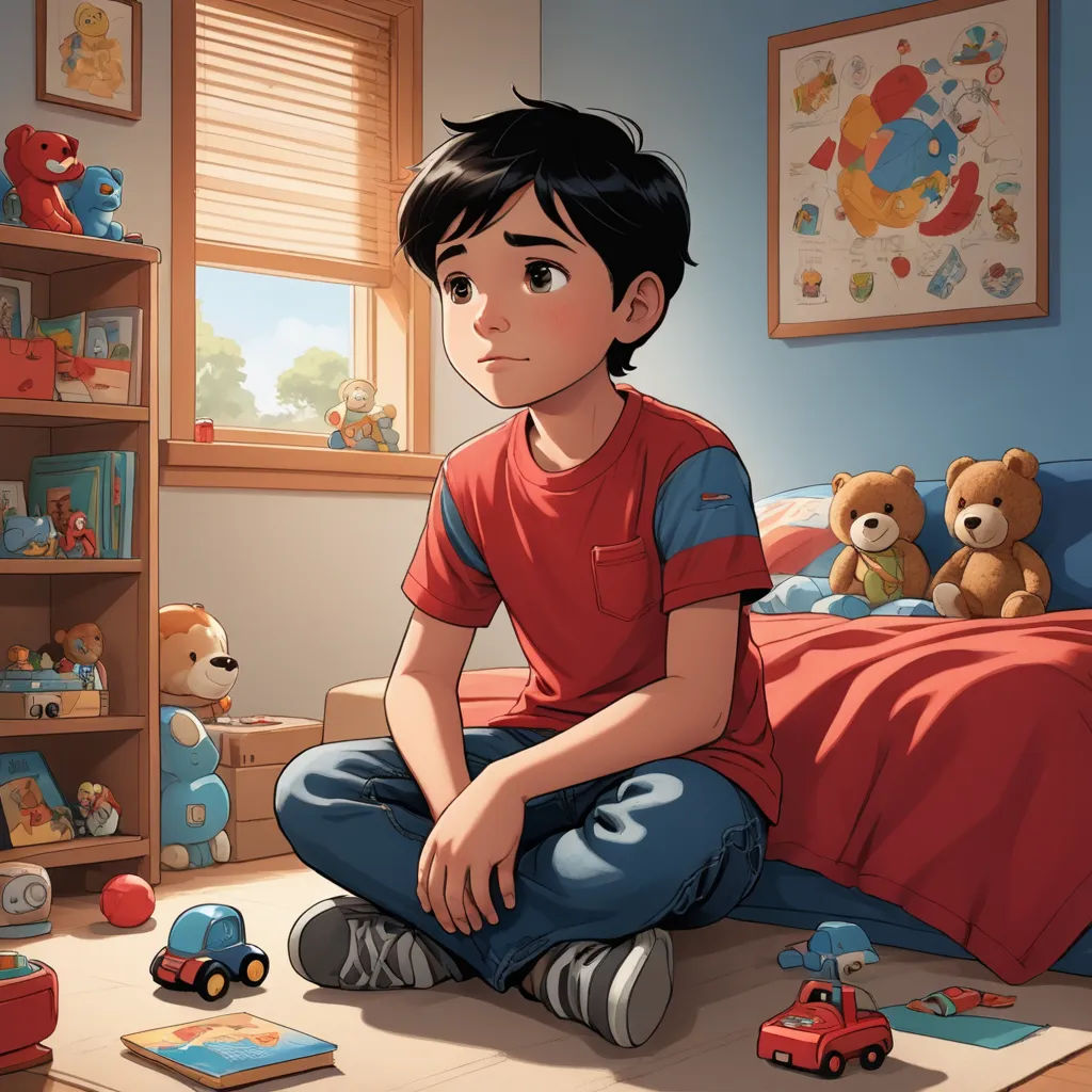 a boy sitting on the floor in a bedroom with toys and a teddy bear on the floor next to him, photorealism, a storybook illustration, Diego Gisbert Llorens, comic cover art
