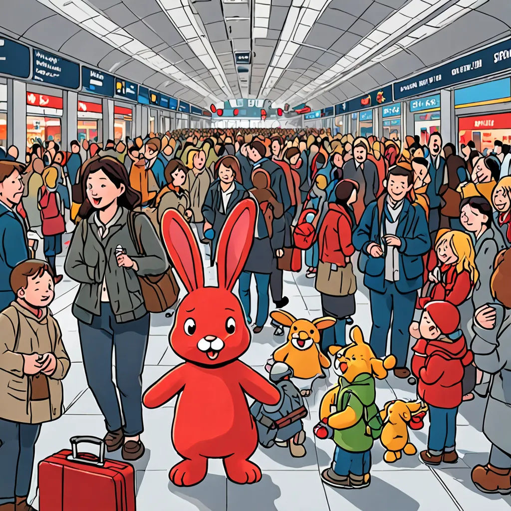 a crowd of people standing around a red stuffed animal in a mall area with a red suitcase and a red bunny, context art, a storybook illustration, Chris Ware, official art