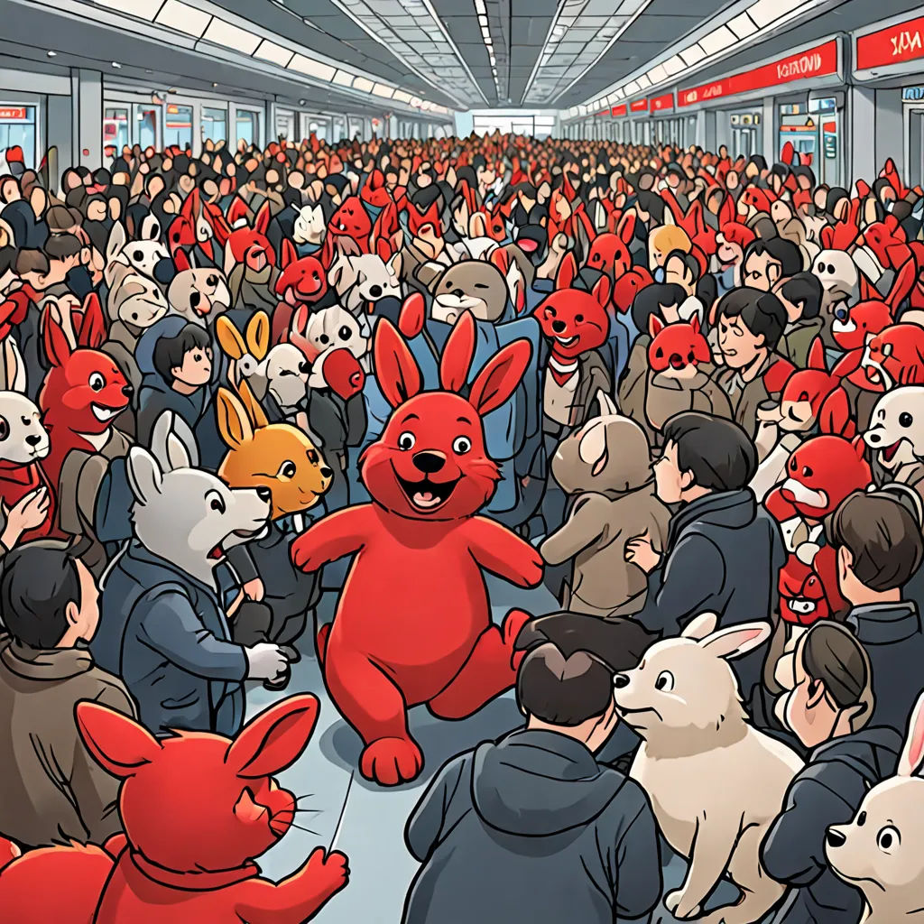 a crowd of people with red and white stuffed animals in a subway station with a red and white rabbit, furry art, a storybook illustration, Chris LaBrooy, furaffinity