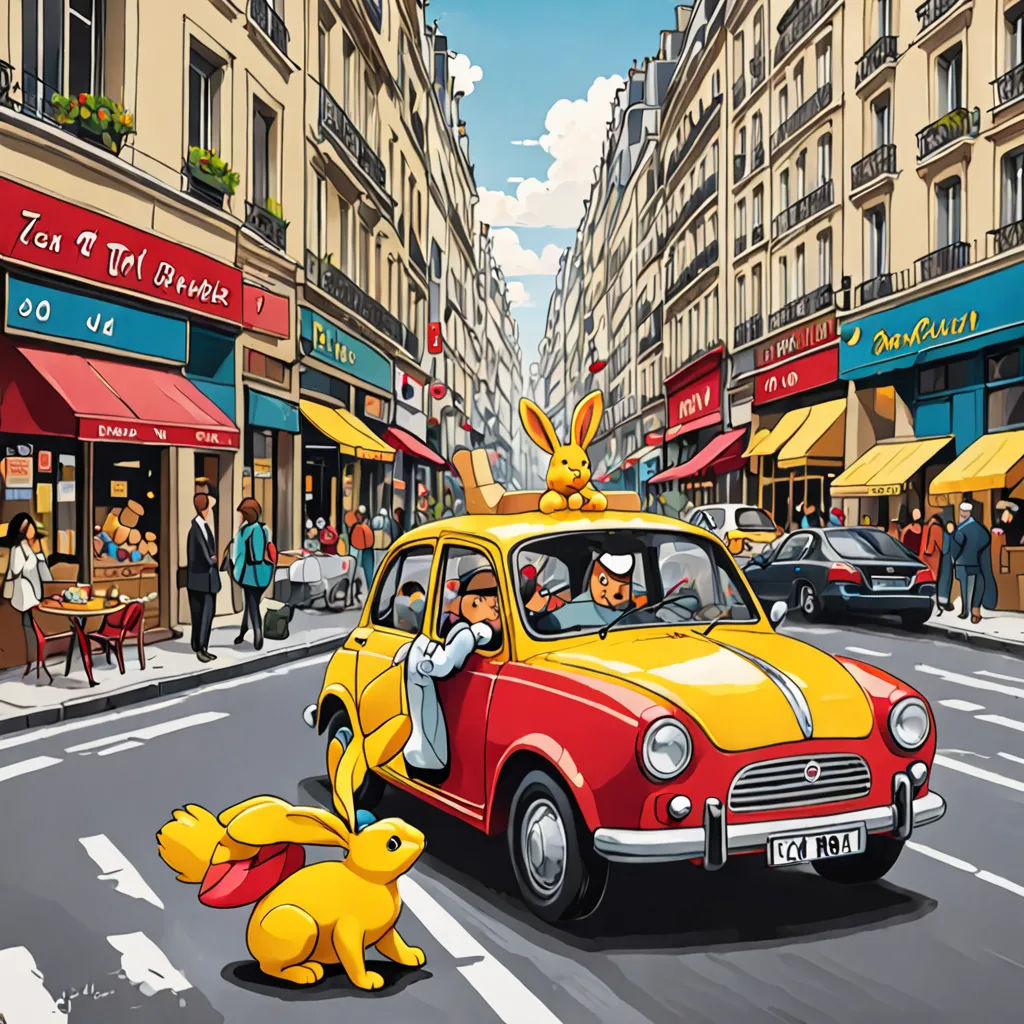 a cartoon of a taxi with a pikachu on the front of it driving down a busy street, figuration libre, an ultrafine detailed painting, Didier Mouron, highly detailed digital painting