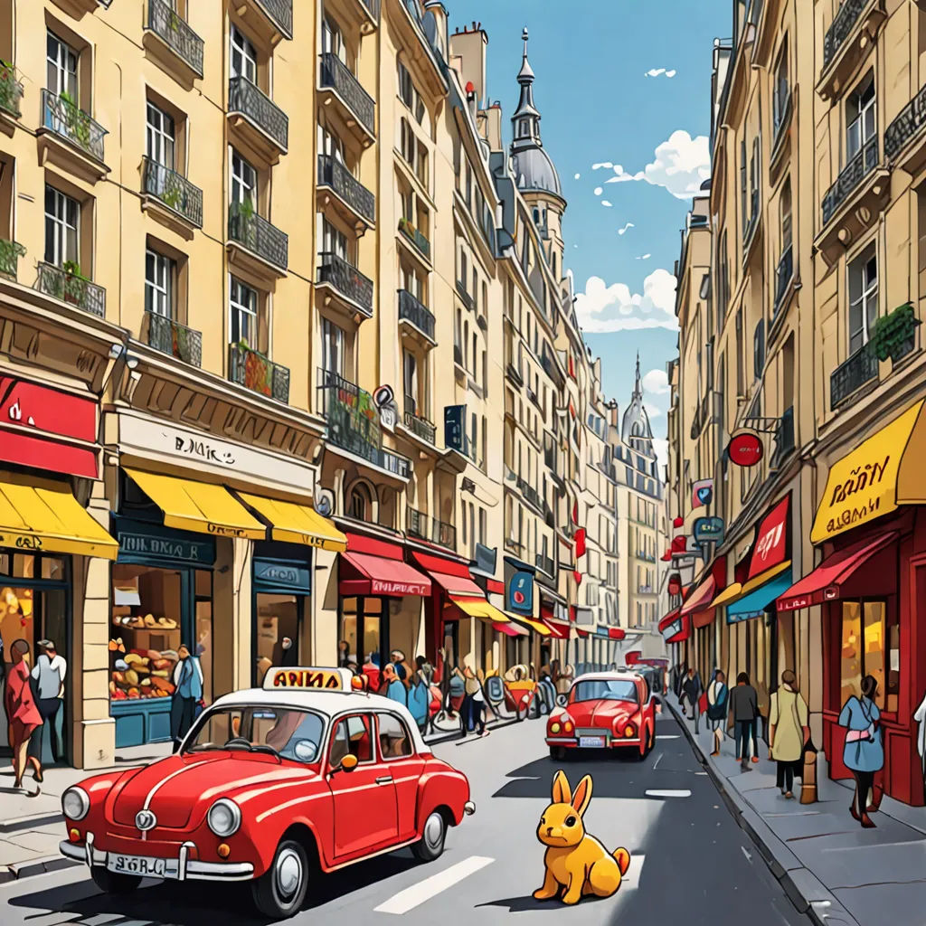 a painting of a street with cars and people walking on the sidewalk and a pokemon figure on the sidewalk, modern european ink painting, a storybook illustration, Chris LaBrooy, city background