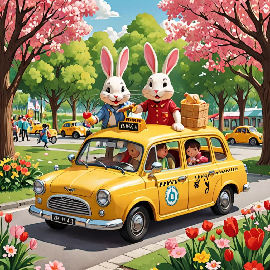 a painting of a taxi with two rabbits on top of it and a taxi cab with people in the back, naive art, a storybook illustration, Chen Hong, highly detailed digital painting
