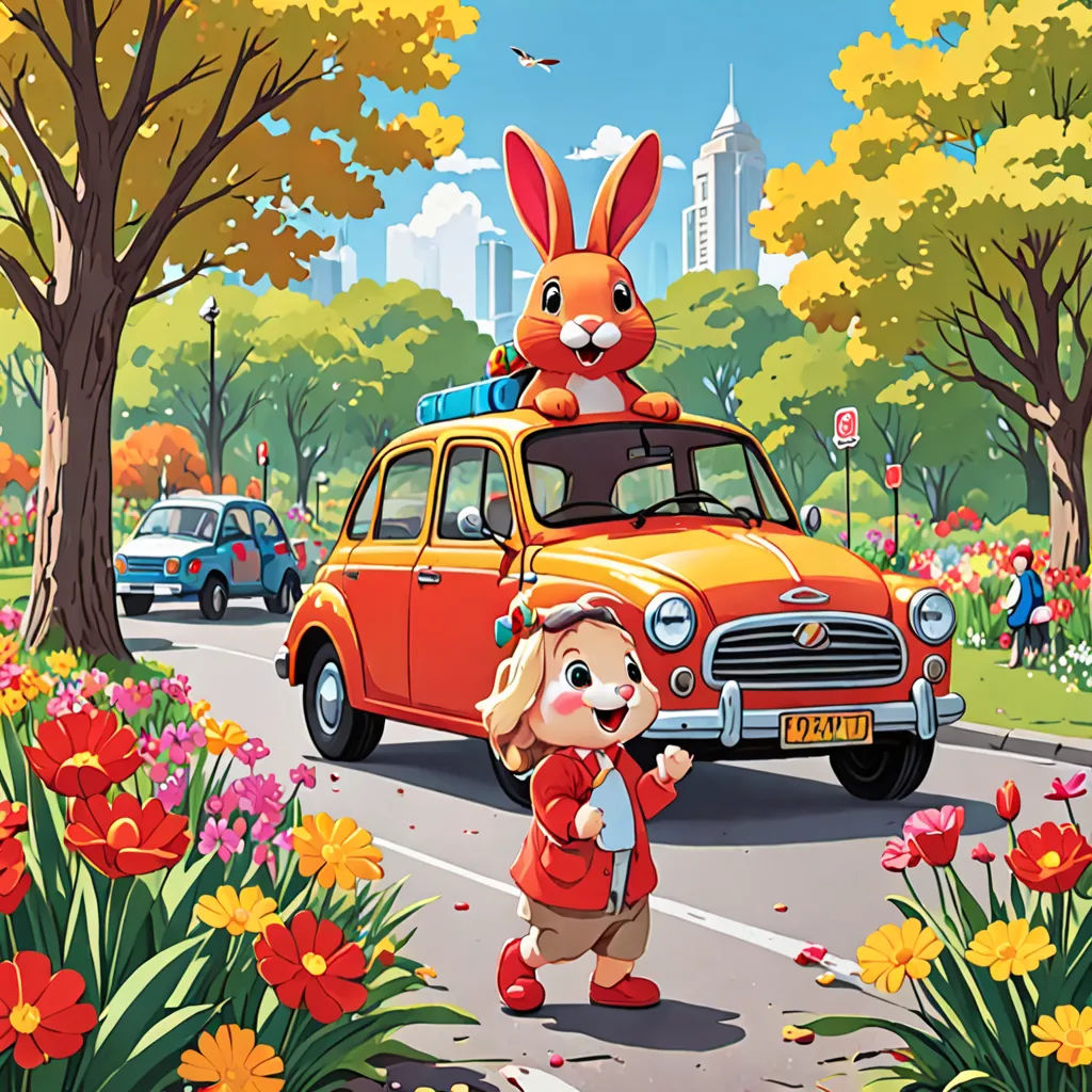 a cartoon of a girl and a rabbit on a car in the street with flowers and trees in the background, naive art, a storybook illustration, Chris LaBrooy, city background