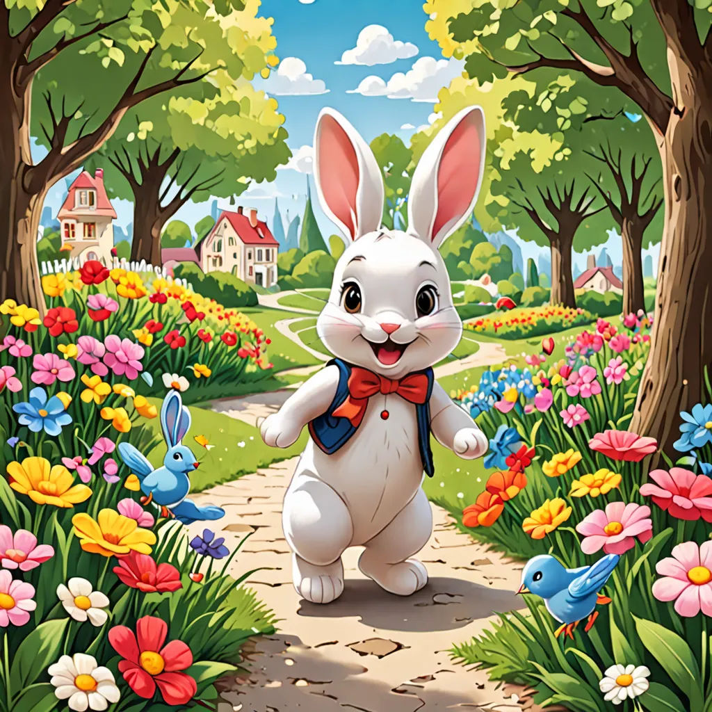 a cartoon bunny with a bow tie and a backpack in a garden with flowers and trees, and a bird, naive art, a storybook illustration, Chris LaBrooy, rossdraws global illumination