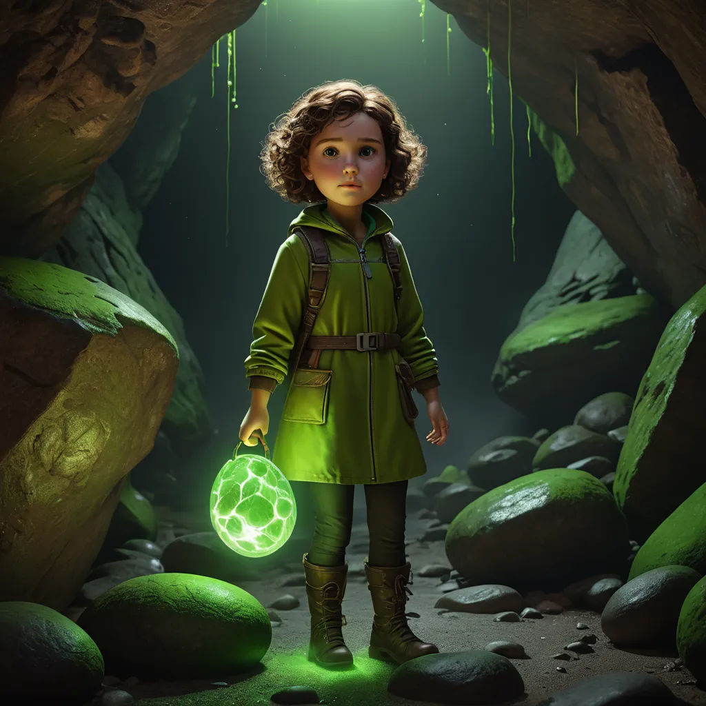 a young girl in a green coat holding a glowing orb in a cave with rocks and green moss on the ground, fantasy art, concept art, Cliff Childs, promotional image
