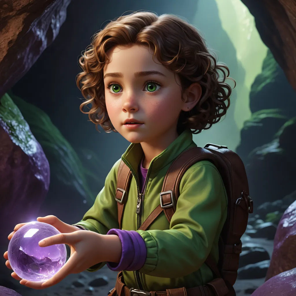 a young girl holding a crystal ball in her hand in a cave with rocks and a mountain in the background, photorealism, concept art, Cliff Childs, unreal 5
