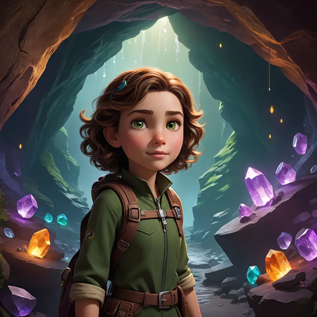 a girl in a green shirt standing in a cave with a light coming from her eyes and a cave entrance behind her, fantasy art, concept art, Cliff Childs, promotional image