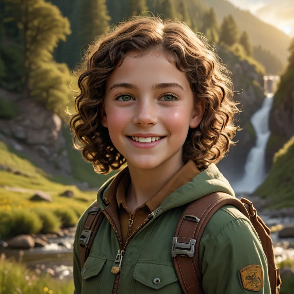 a young boy with a backpack standing in front of a waterfall and mountains with a waterfall in the background, photorealism, computer graphics, Ben Stahl, promotional image