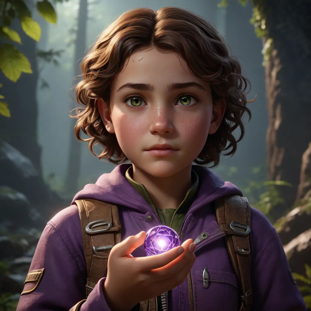 a young girl holding a glowing ball in her hand in a forest with trees and rocks in the background, photorealism, a character portrait, Cliff Childs, promotional image