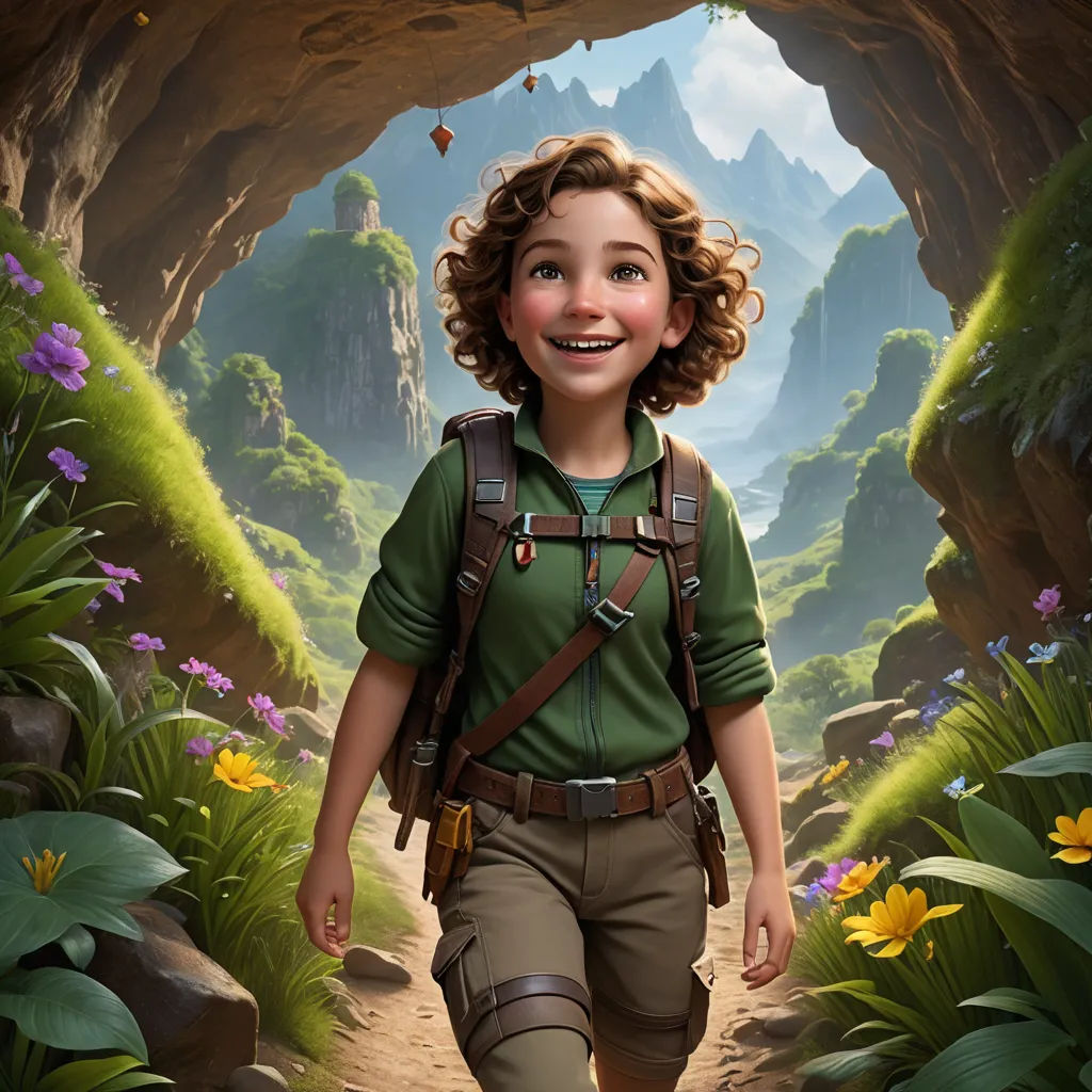 a young girl is walking through a cave with a backpack on her back and a backpack on her shoulder, fantasy art, a character portrait, Cliff Childs, promotional image