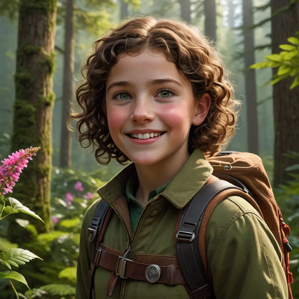 a young boy with a backpack standing in a forest with flowers and trees in the background, smiling at the camera, photorealism, a photorealistic painting, Cliff Childs, photoreal