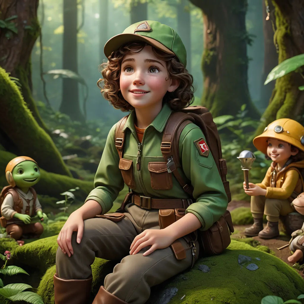 a painting of a boy in a green uniform sitting on a rock in a forest with other children in the background, photorealism, concept art, Cliff Childs, cgstudio