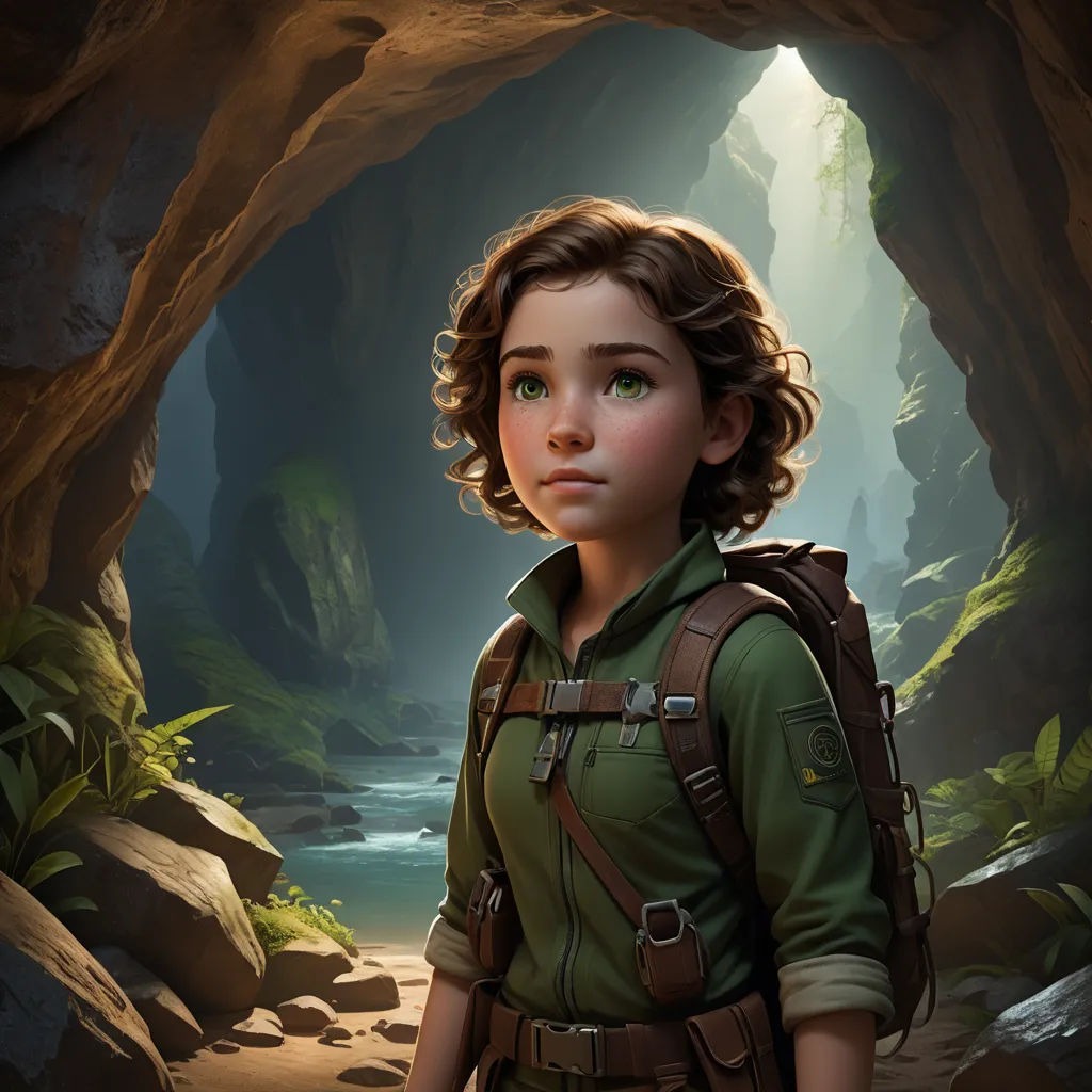 a painting of a girl in a cave with a backpack on her shoulder and a river in the background, photorealism, a character portrait, Cliff Childs, promotional image