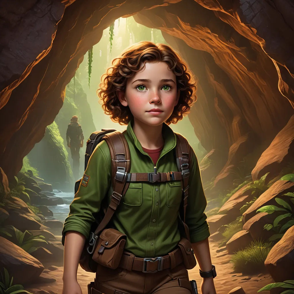 a painting of a girl in a cave with a backpack on her shoulder and a man in the background, sots art, a character portrait, Aaron Jasinski, character art
