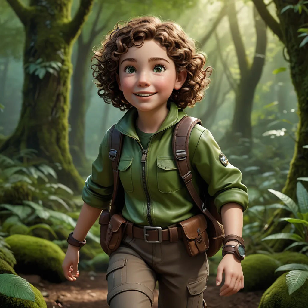 a cartoon girl walking through a forest with a backpack on her back and a backpack on her shoulder,, photorealism, a character portrait, Cliff Childs, cgstudio