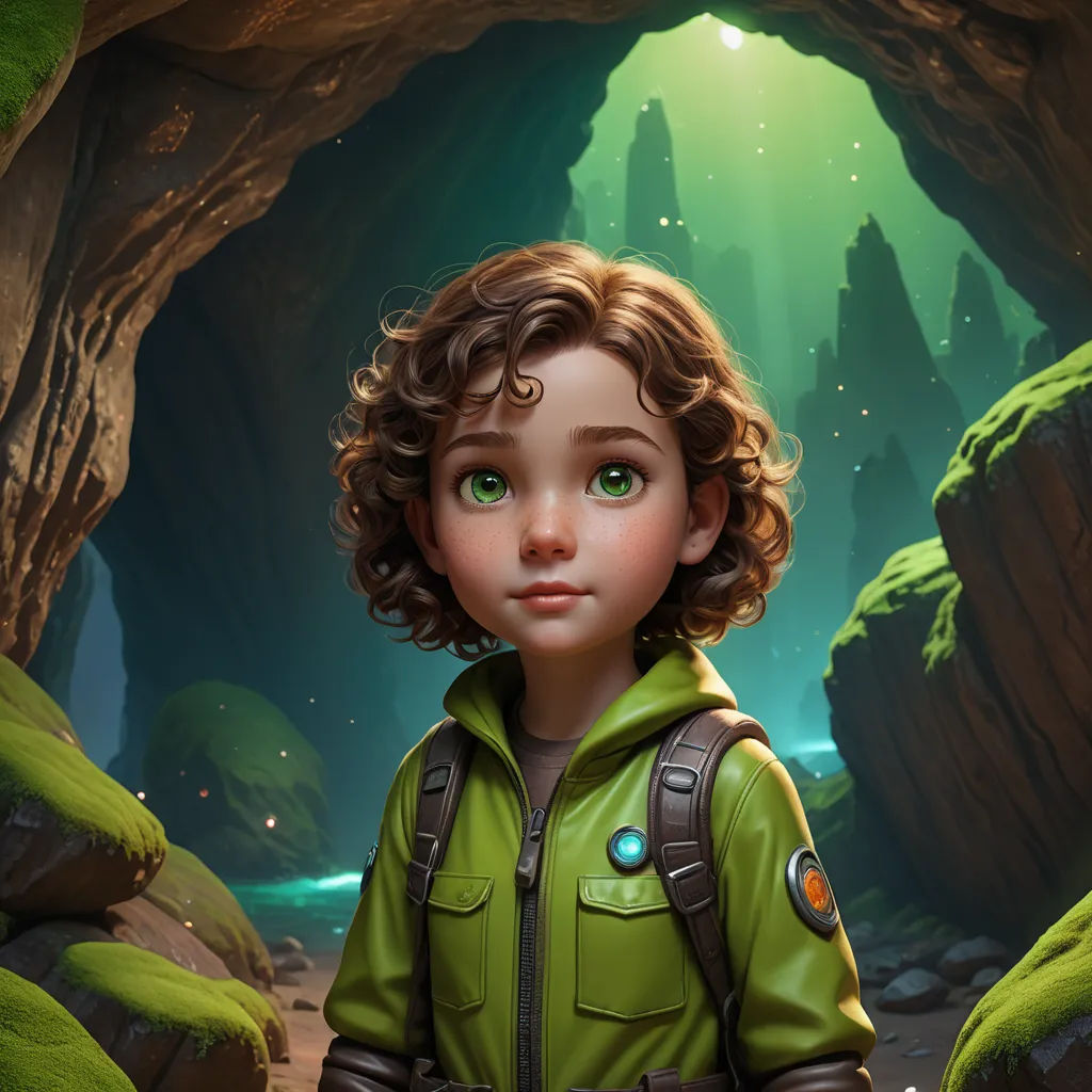 a painting of a young boy in a green jacket in a cave with a green light coming from the ceiling, fantasy art, a character portrait, Clint Cearley, rossdraws global illumination