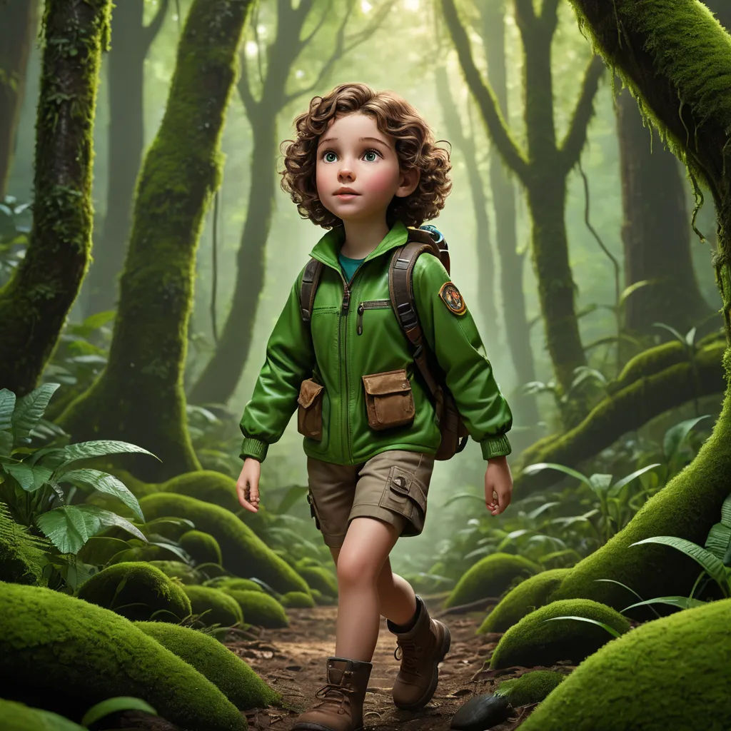 a young boy is walking through a forest with green mossy trees and a backpack on his back and a backpack on his shoulder, photorealism, a detailed matte painting, Cliff Childs, cgstudio