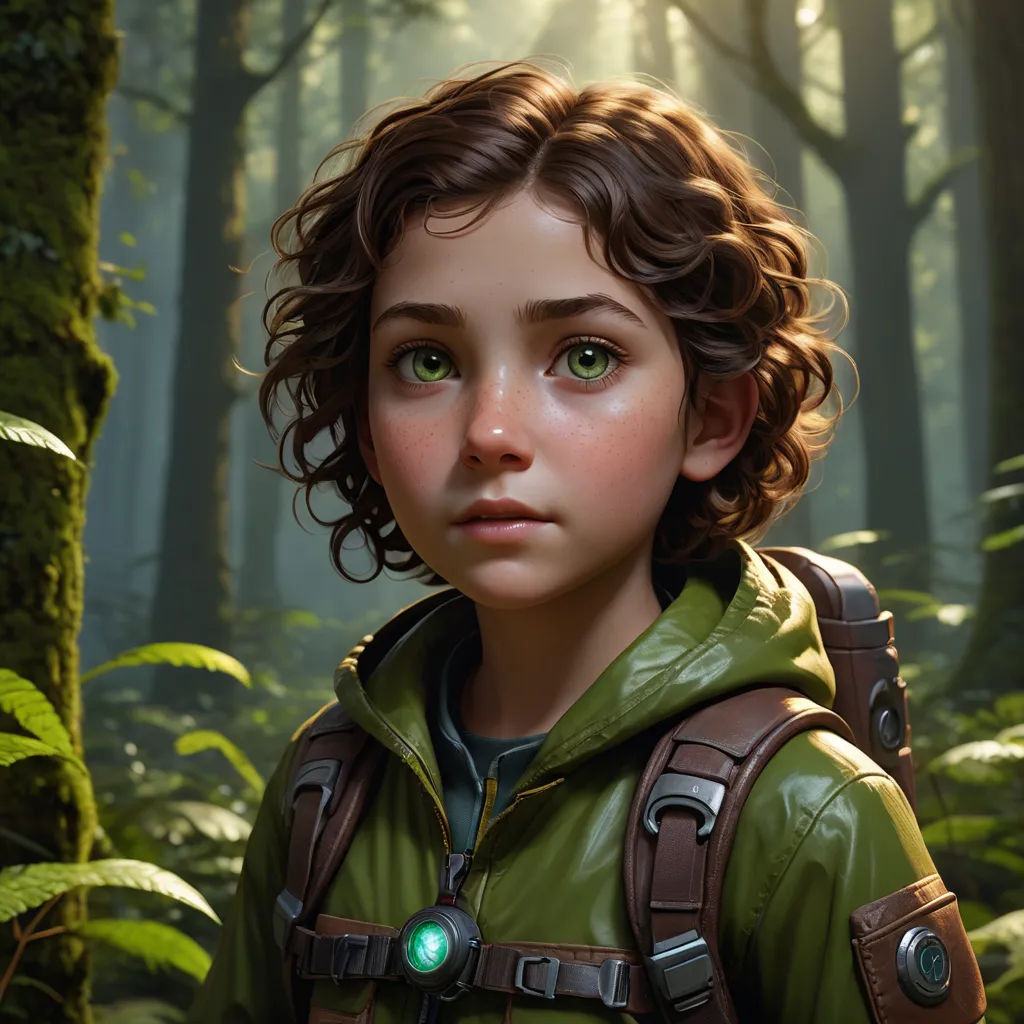 a young boy in a green jacket standing in a forest with a green light on his face and a green light on his chest, sots art, a character portrait, Clint Cearley, key art