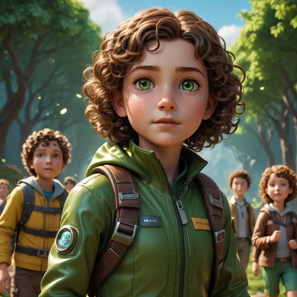 a young girl in a green jacket standing in front of a group of other children in a forest with trees, photorealism, concept art, Cedric Seaut (Keos Masons), cgstudio