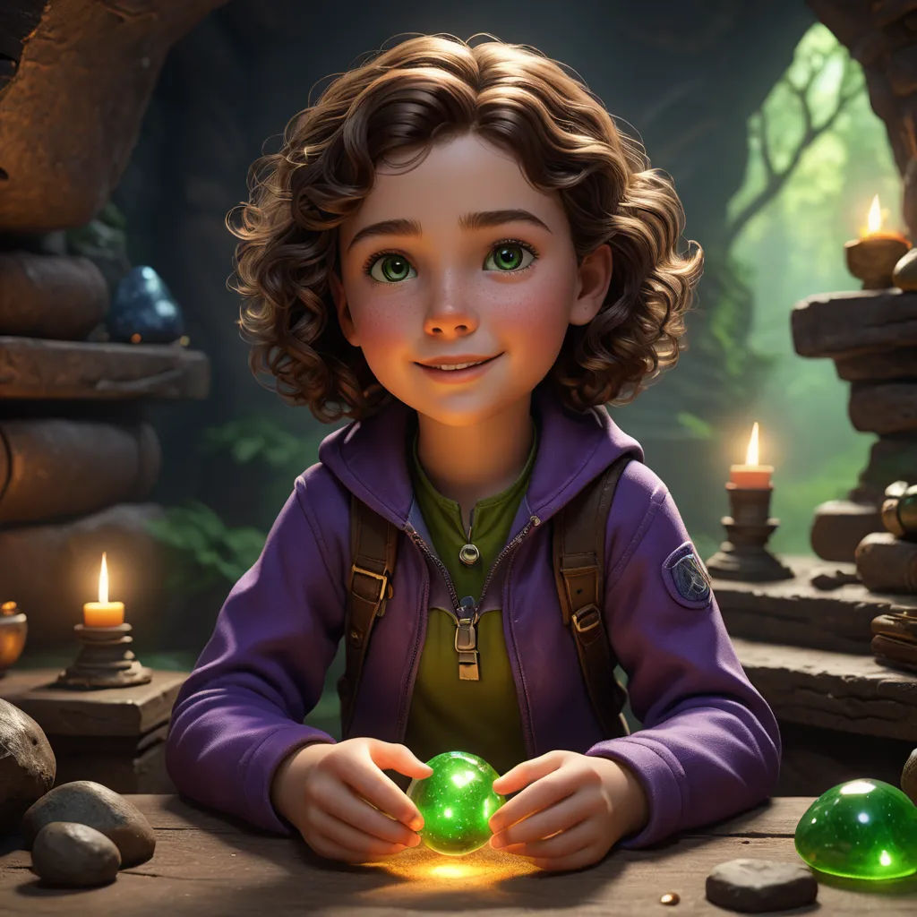 a young girl holding a green ball in her hands with a candle in the background and a forest scene in the background, photorealism, a character portrait, Chris LaBrooy, cgstudio
