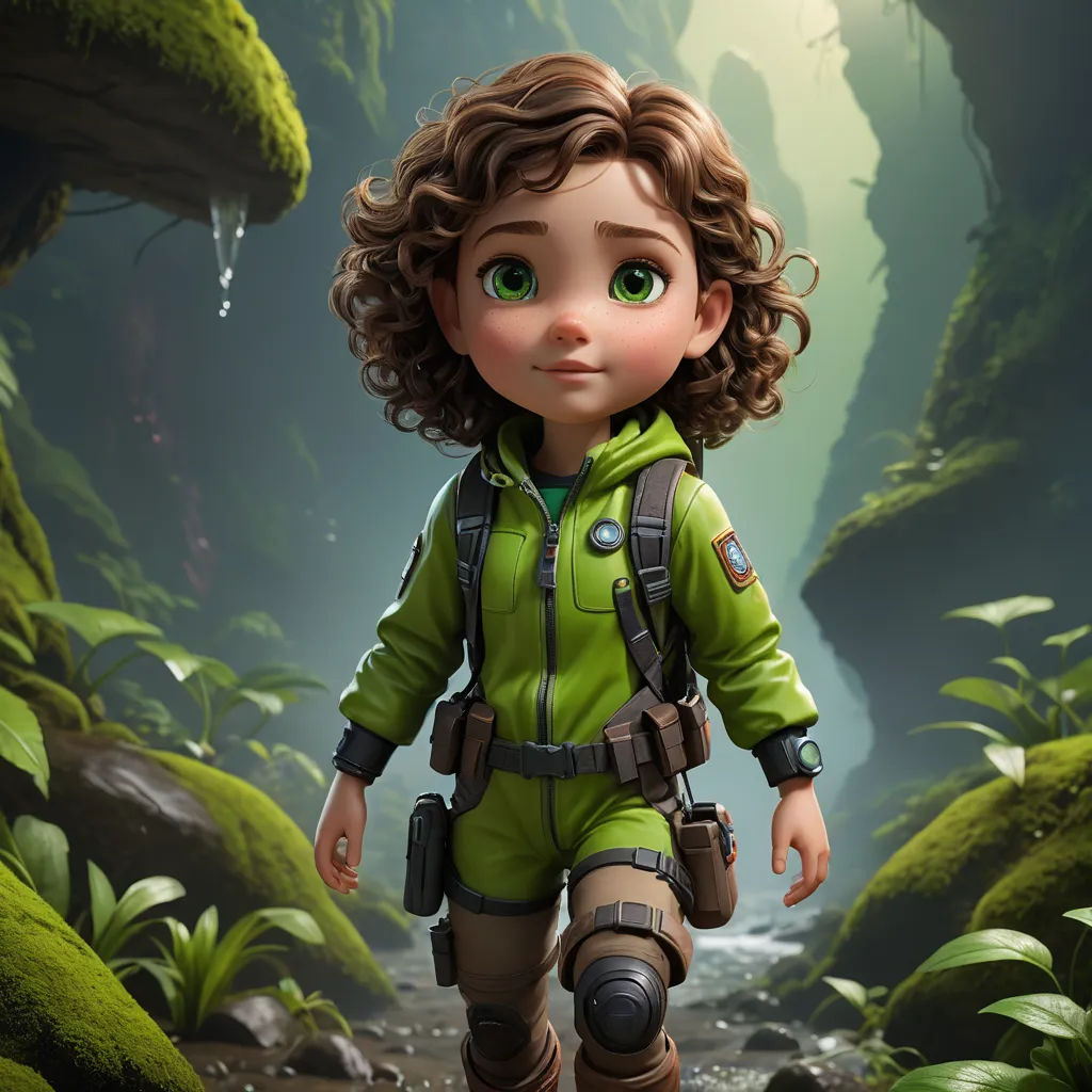 a cartoon character walking through a forest with a backpack on her back and a camera on her shoulder,, photorealism, a character portrait, Cliff Childs, cgstudio