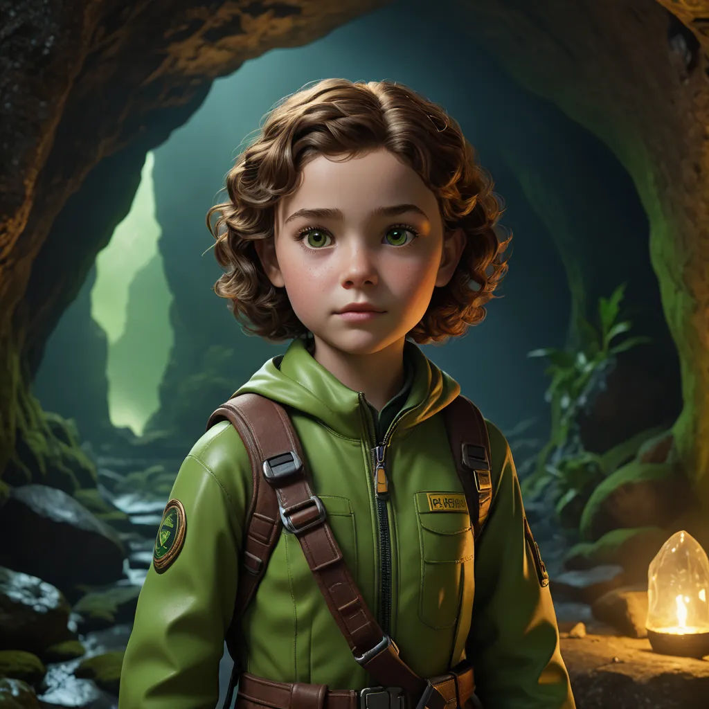a young boy in a green jacket standing in a cave with a light in the background and a lantern in the foreground, photorealism, a character portrait, Cliff Childs, promotional image