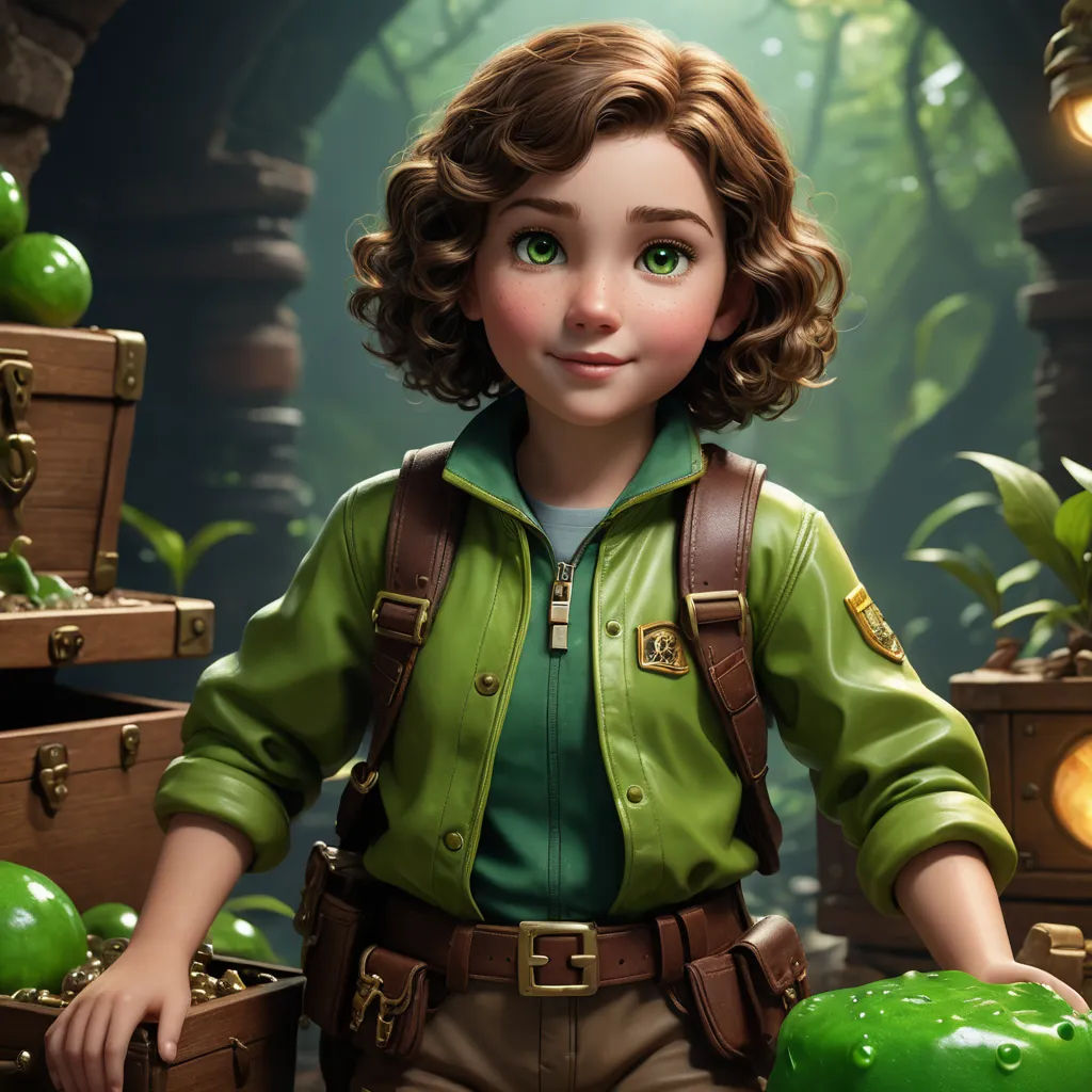 a cartoon girl with a green apple in a forest setting with a green apple in a wooden box and a green apple in a wooden box, photorealism, a character portrait, Cliff Childs, rossdraws global illumination