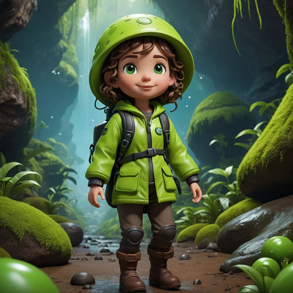 a cartoon boy in a green jacket and hat in a forest with rocks and plants and a stream of water, photorealism, an ambient occlusion render, Cliff Childs, cgstudio