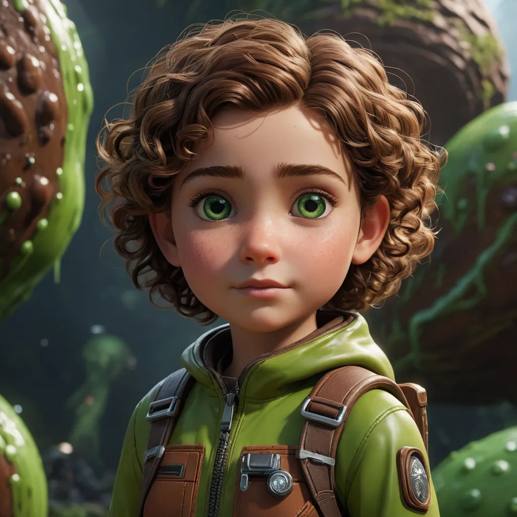 a close up of a child with green eyes and a green jacket on, with a background of plants, photorealism, a character portrait, Cliff Childs, unreal engine highly rendered