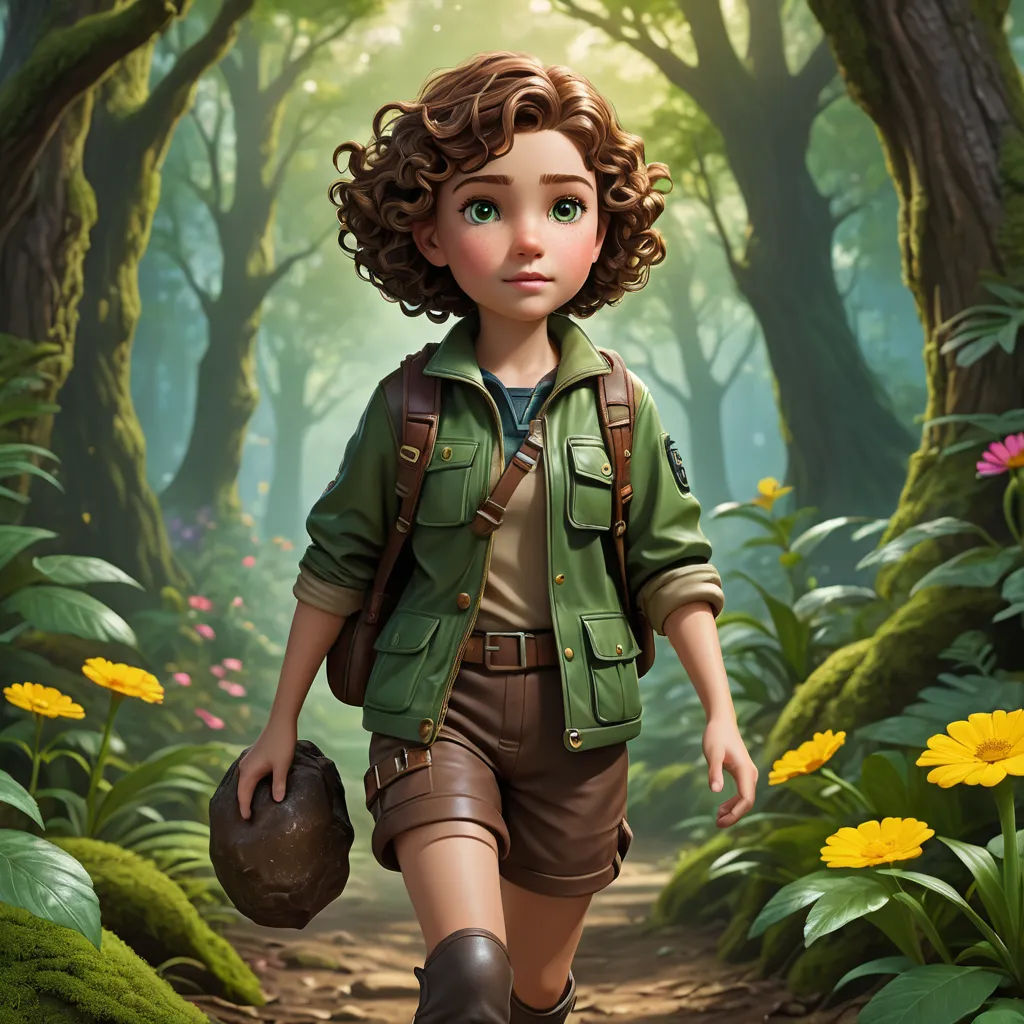 a young girl walking through a forest with a backpack on her back and a hat on her head,, photorealism, a character portrait, Cliff Childs, promotional image