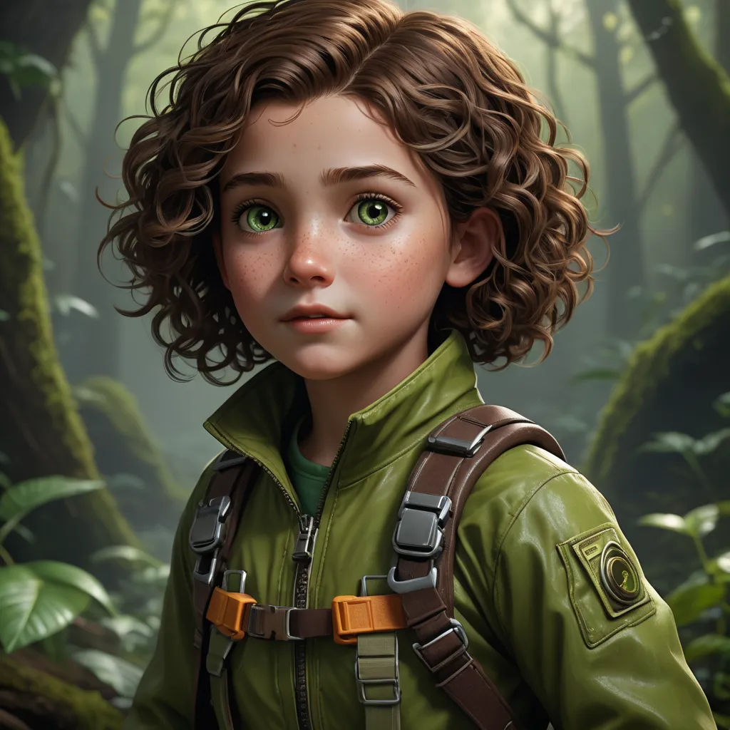 a painting of a young girl in a forest with a backpack on her shoulder and a green jacket on her shoulders, fantasy art, a character portrait, Clint Cearley, cgstudio