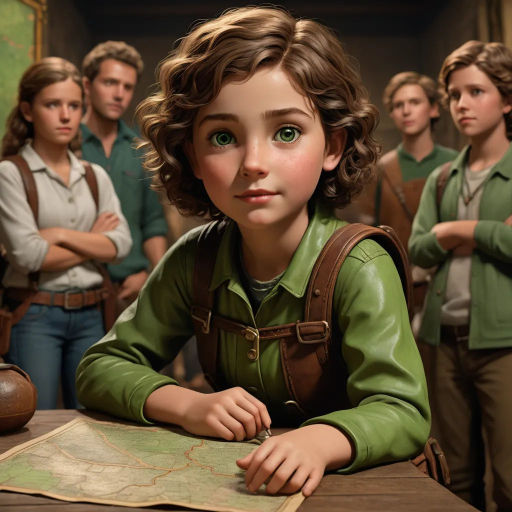 a group of people standing around a table with a map on it and a girl in a green shirt, sots art, a detailed matte painting, Ada Gladys Killins, promotional image
