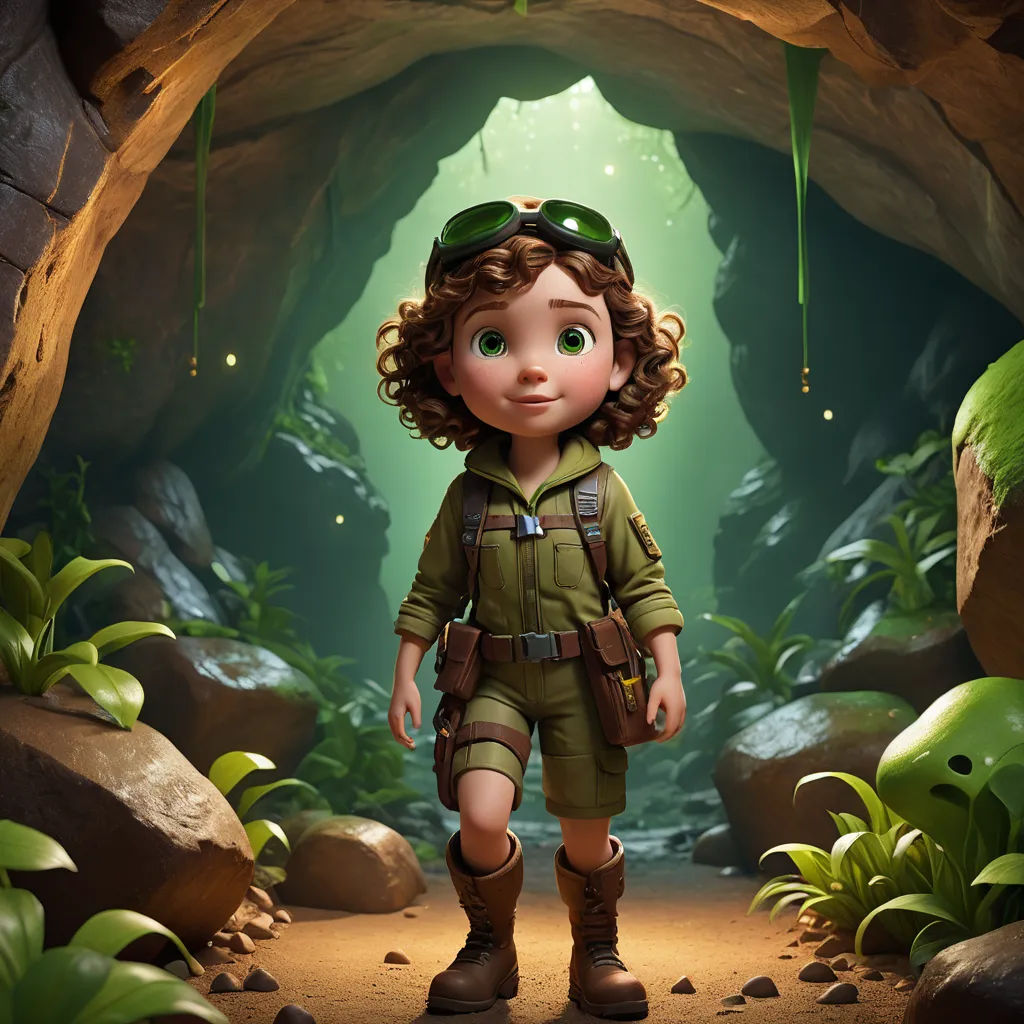 a cartoon girl in a green uniform standing in a cave with a green light coming from her head and a green light coming from her eyes, space art, concept art, Cliff Childs, promotional image
