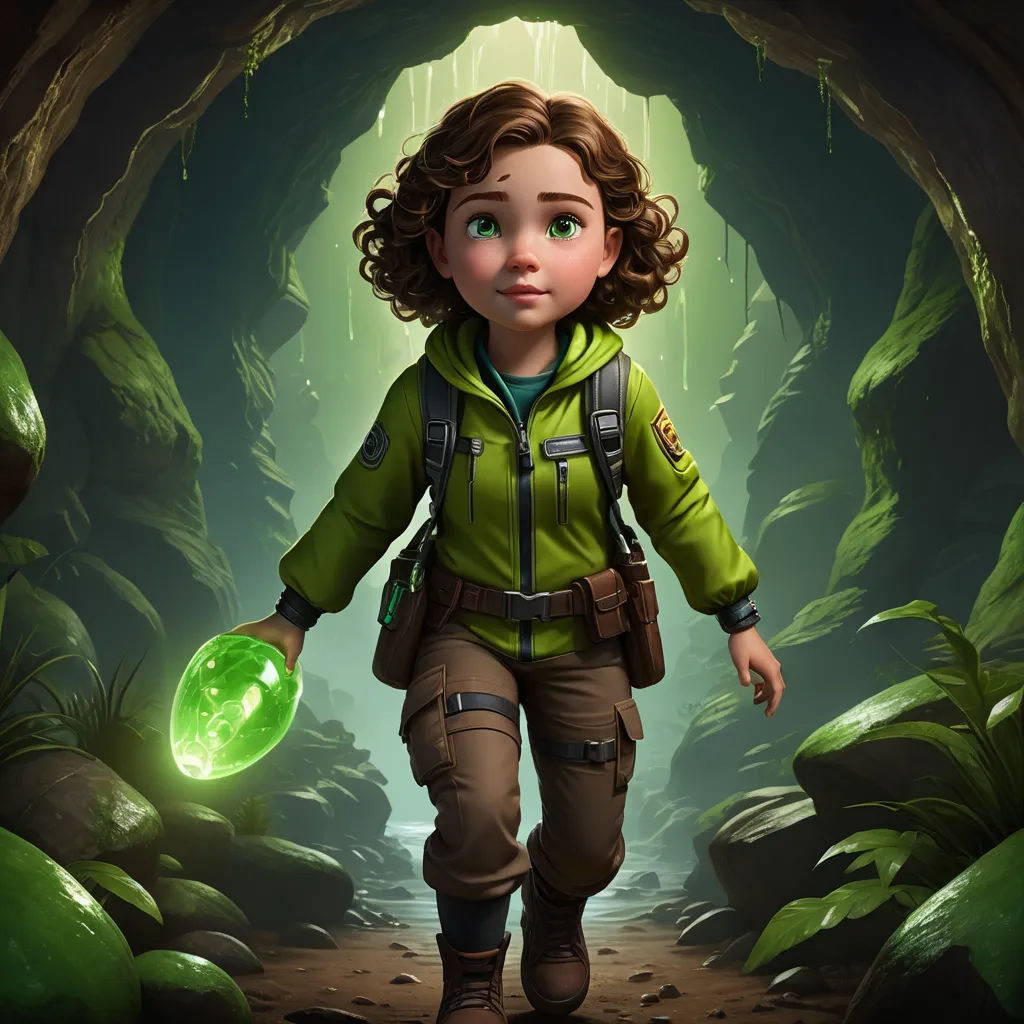 a girl in a green jacket is walking through a cave with a green light in her hand and a green orb in her hand, fantasy art, concept art, Clint Cearley, key art