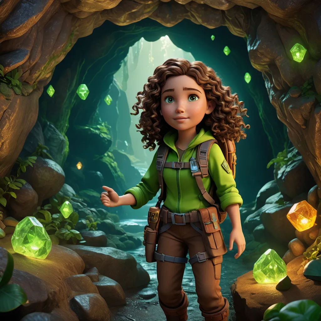 a cartoon girl in a green shirt and brown pants standing in a cave with green lights and rocks and a green light, holography, concept art, Cliff Childs, promotional image
