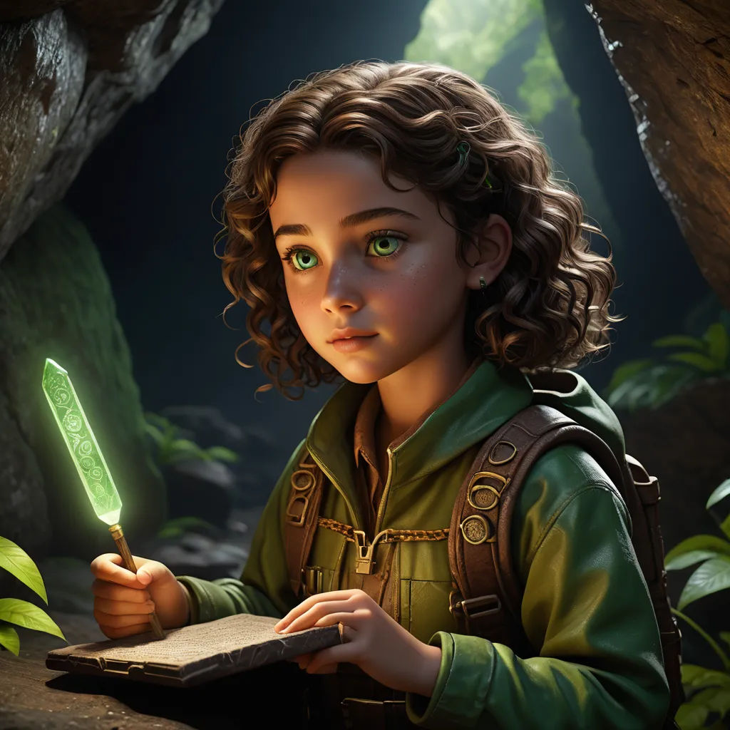 a young girl holding a green lite up in a cave with a book and a book bag in her hand, photorealism, computer graphics, Clint Cearley, rossdraws global illumination