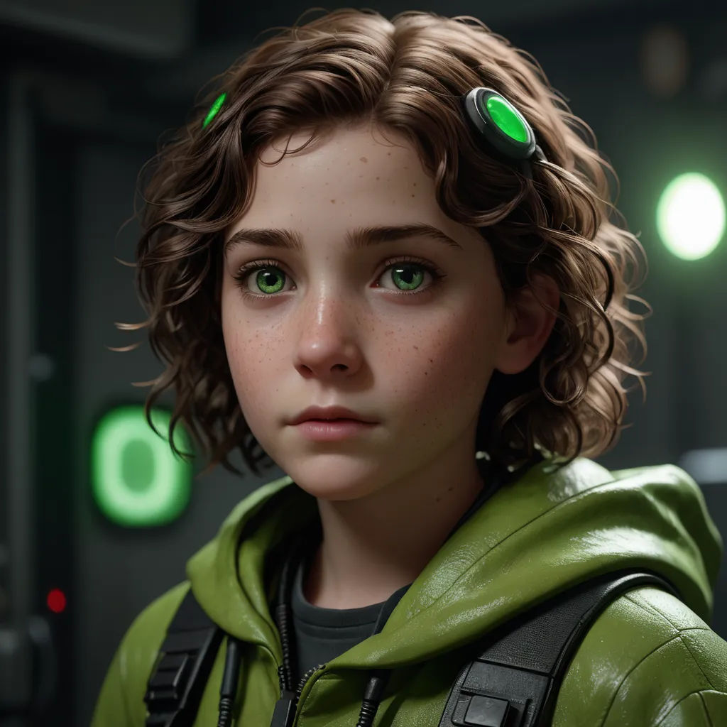 a young girl with green eyes and a green hoodie on, looks into the camera with a serious look on her face, photorealism, a character portrait, Cliff Childs, unreal engine 5 highly rendered