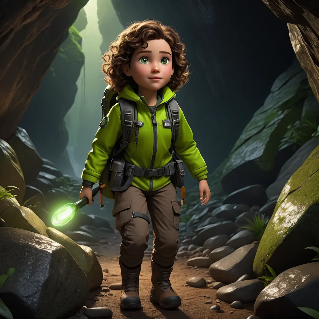 a young girl in a green jacket and a green light in a cave with rocks and boulders on either side, photorealism, concept art, Cliff Childs, promotional image