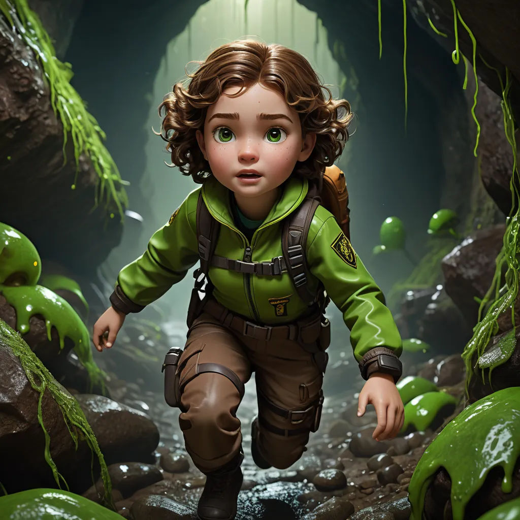 a cartoon of a girl in a green jacket and a backpack in a cave with moss growing on the rocks, photorealism, concept art, Cliff Childs, rendered in unreal engine 5