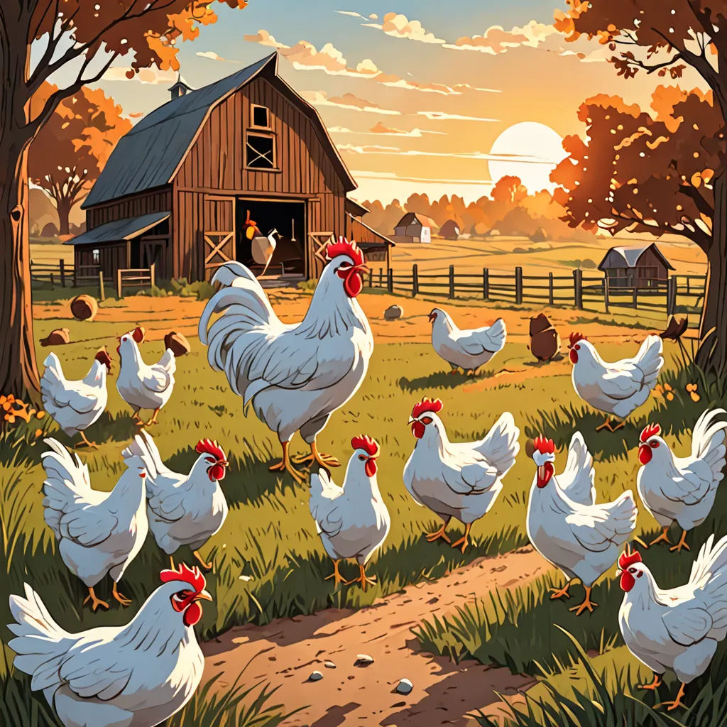 a painting of a farm scene with chickens and a barn in the background with a sunset in the background, american scene painting, a storybook illustration, Dan Mumford, rossdraws global illumination