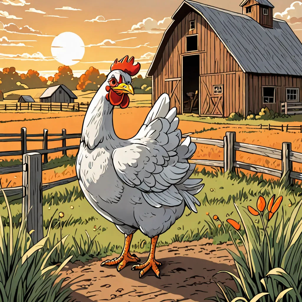 a chicken standing on a dirt road near a barn and a fence with a sunset in the background and a field with flowers, context art, a storybook illustration, Dan Mumford, comic cover art