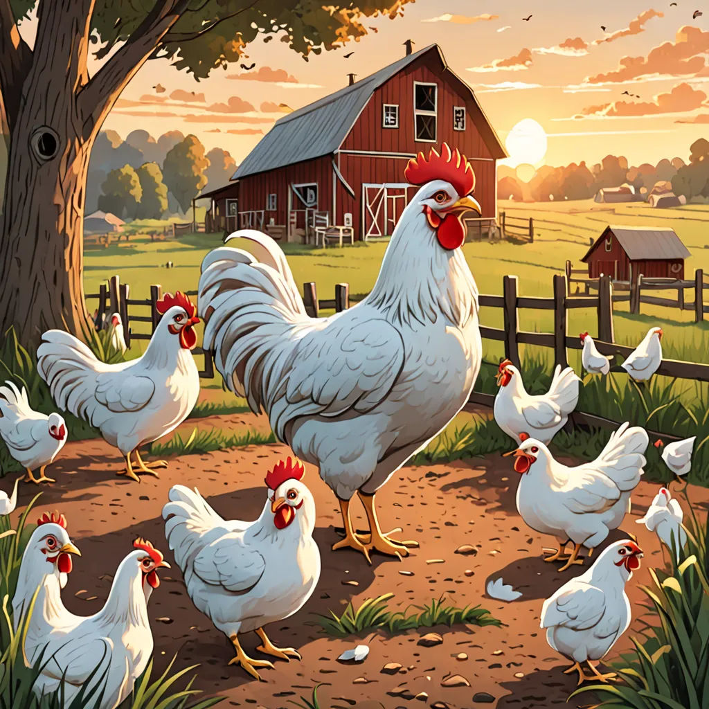 a painting of a group of chickens walking in a field near a barn and a tree with a barn in the background, american scene painting, a storybook illustration, Chris LaBrooy, highly detailed digital painting