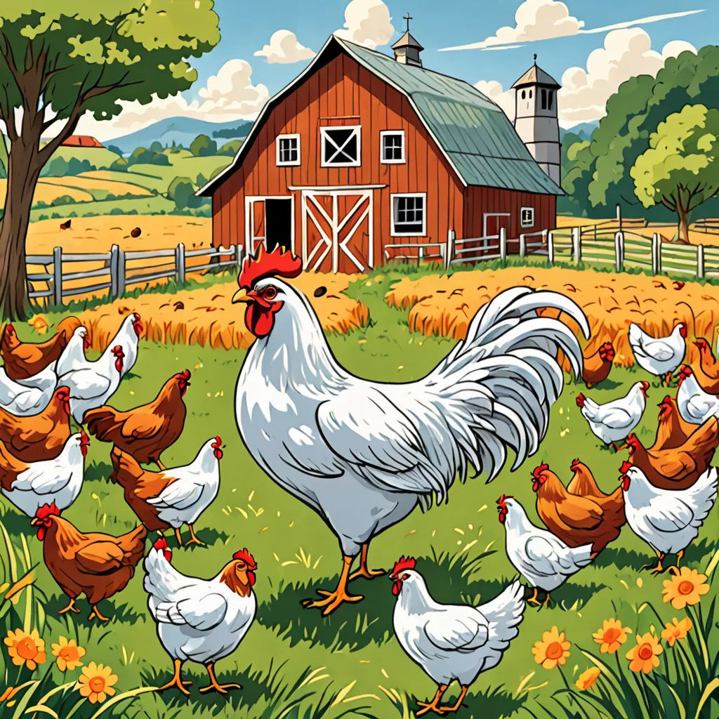 a painting of a chicken and her flock in a field with a barn in the background and a field of flowers, folk art, a storybook illustration, Andries Stock, storybook illustration