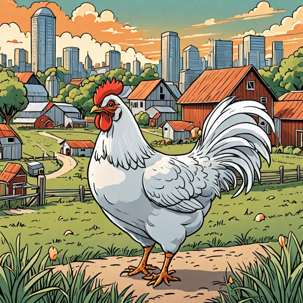 a chicken standing on a dirt road in front of a city skyline with buildings and a farm in the background, regionalism, a storybook illustration, Dan Mumford, josan gonzales and dan mumford